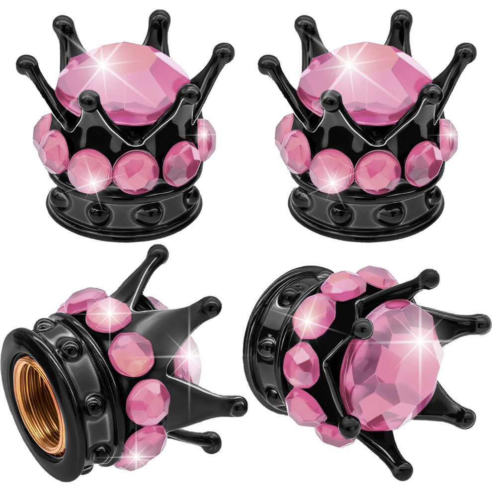 4Pcs Crown Tire Valve Stem Caps With Rhinestones, Dustproof Seal Protection, Bling Car And Bike Valve Covers, And Black/Pink 9174973524625