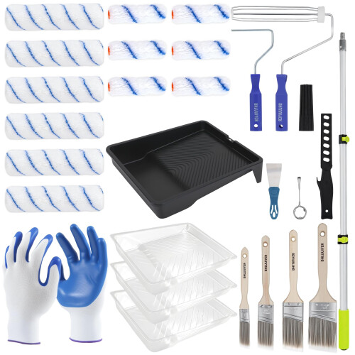 Paint Roller Kit with 2‑4FT Extension Pole, Complete Painting Set with Brushes, Tray and Smooth Coverage Rollers