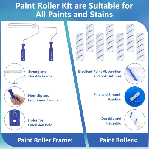 Paint Roller Kit with 2‑4FT Extension Pole, Complete Painting Set with Brushes, Tray and Smooth Coverage Rollers 1