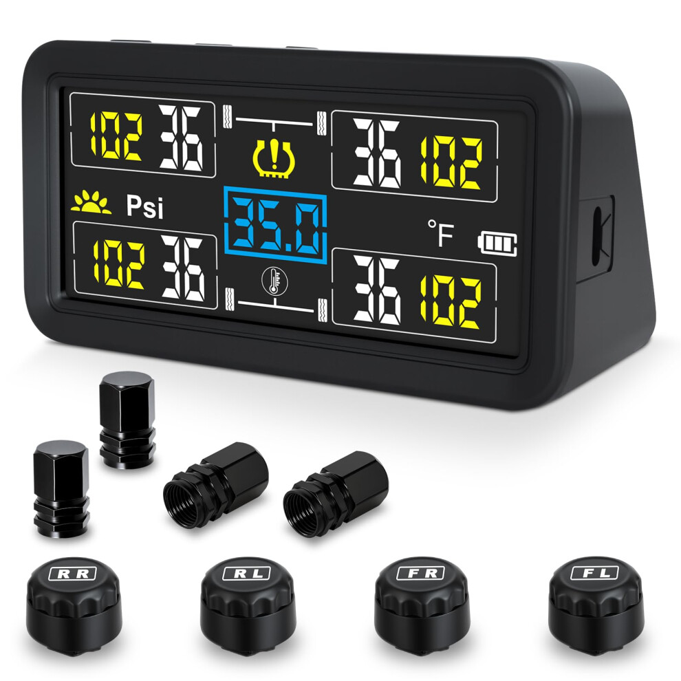 Tpms Tire Pressure Monitoring System With 4 Sensors, Solar And Usb Charging, Realtime Lcd For Rv Truck Suv 9455672889391