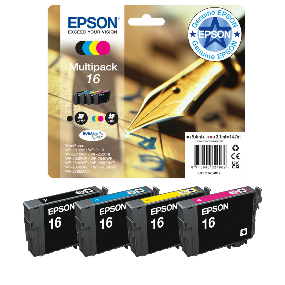 Epson 16XL Pen & Crossword Genuine Multipack, 4-Colours Ink Cartridges, Durabrite Ultra Ink