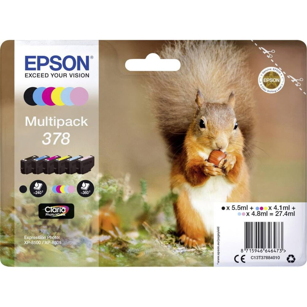 Epson 378 Squirrel Genuine Multipack, 6-Colours Ink Cartridges, Claria Photo Hd Ink