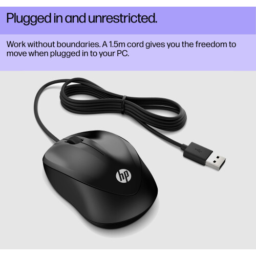 HP HP Wired Mouse 1000 | USB Type-A | Multi-Surface Technology | 1200 DPI Optical Sensor | 3 buttons and scroll wheel | Ambidextrous | Contoured Comfort 2