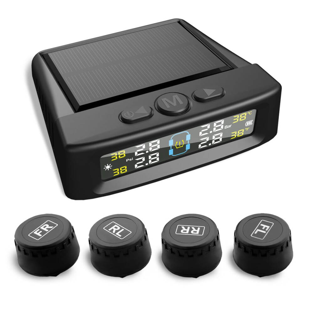 Wireless Tire Pressure Monitoring System With 4 Sensors, Realtime Lcd, Solar And Usb Charging 9455672889971