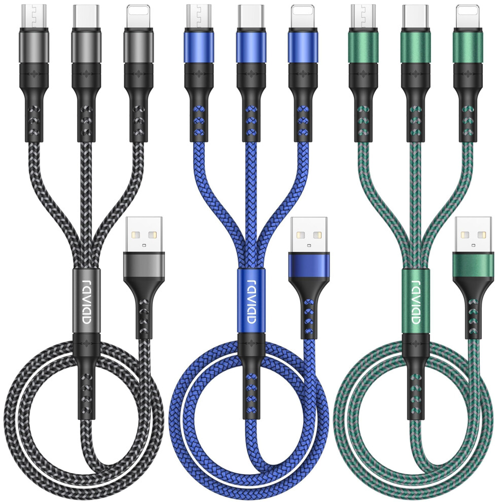 Raviad Multi Charger Cable 3 Packs, 1.2M 3 In 1 Charging Cable, Nylon Braided Multiple Usb Cbale With Micro Usb Type C Lightning C 90281747