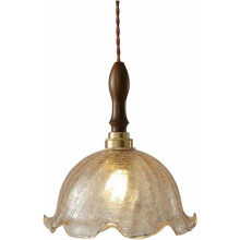 Vintage Pendant Light with Crackle Glass Shade, Amber Wood Brass Accent, Adjustable Height