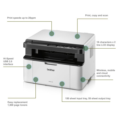 Brother Brother DCP-1610W Mono Laser Printer - All-in-One, Wireless/USB 2.0, Compact, A4 Printer, Small Office/Home Printer, White 1