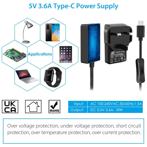 GeeekPi USB-C Power Supply UK Plug for Raspberry Pi 4 With On/Off Switch,5V 3.6A Type C PSU with Micro USB Adapter for Raspberry P 1