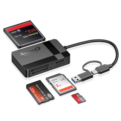 SDCard Reader, Multi-Format Memory Card Reader 4-in-1 usb C USB 3.0 Dual Connector Adapter Supports SD, MS, CF, TF, and Micro SD Cards. Compatible wi