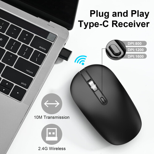 Cimetech Wireless Mouse, Slim Silent Cordless with USB-C Receiver for Laptop, MacBook & Type-C Devices 1