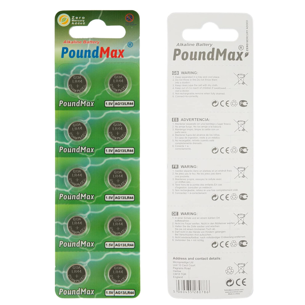 10 X Ag13 Lr44 1.5 V Alkaline Button Cell Battery By Poundmax 5004778457573