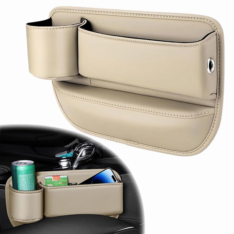 Car Seat Gap Filler And Organizer With Leather Cup Holder Tray, Adjustable Storage Box For Driver (Beige) Beige 9455672892643