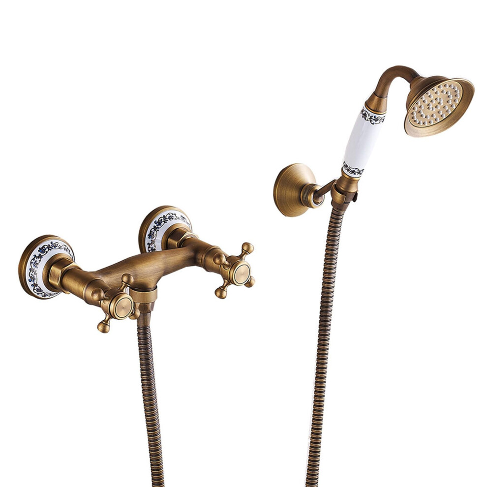 Wall Mounted Bath Shower Mixer Tap Antique Brass Double Handle Vintage Faucet With 150Cm Hose 9044945422672