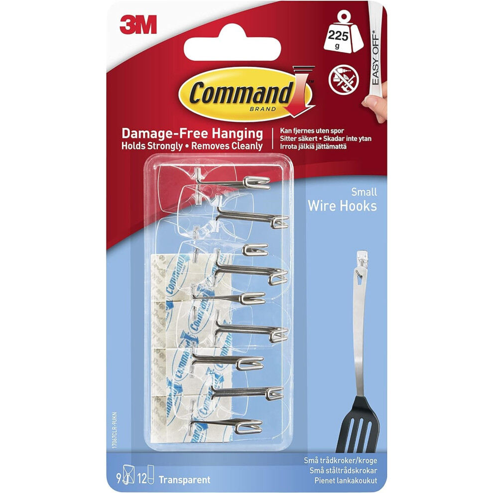 Command Clear Wire Hanger Hook, Value Pack Of 9 Hooks And 12 Adhesive Strips, Transparent - Damage Free Hanging - Holds Up To 225 Gm 7892028100717