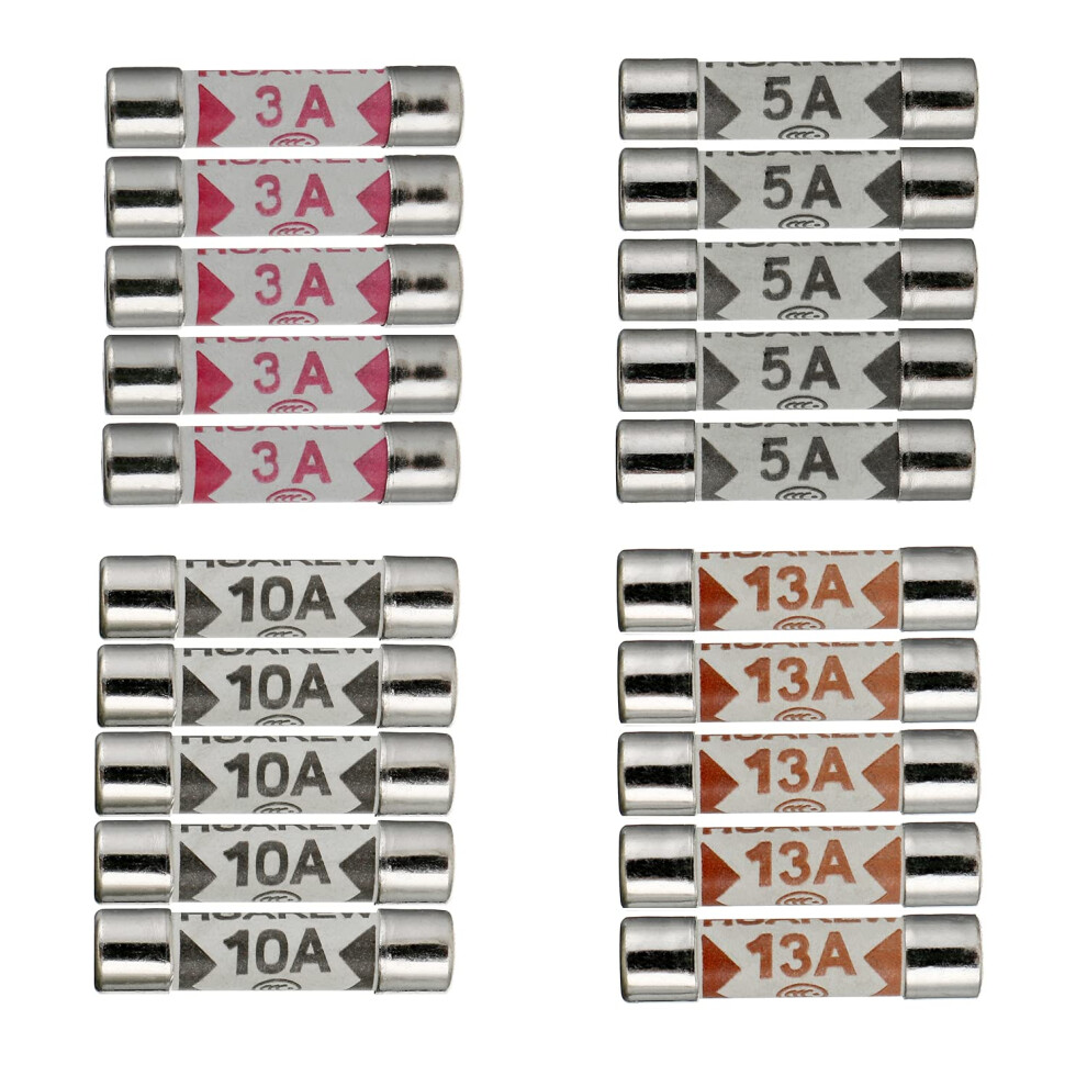 Huarew 4 Values 20 Pcs 6.3X25 Mm Bs1362 3 5 10 13 A Amp 240 V Volt 0.248X0.984 Inch Ceramic Tube Fuses Assortment Kit 5007089133594
