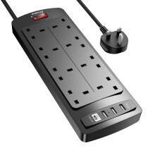 POWSAF Extension Lead with 4 USB Slots (3.4A, 1 Type C and 3 USB-A Ports),Power Strip Surge Protector with 8 way plug extension Socket and 2M Extensi