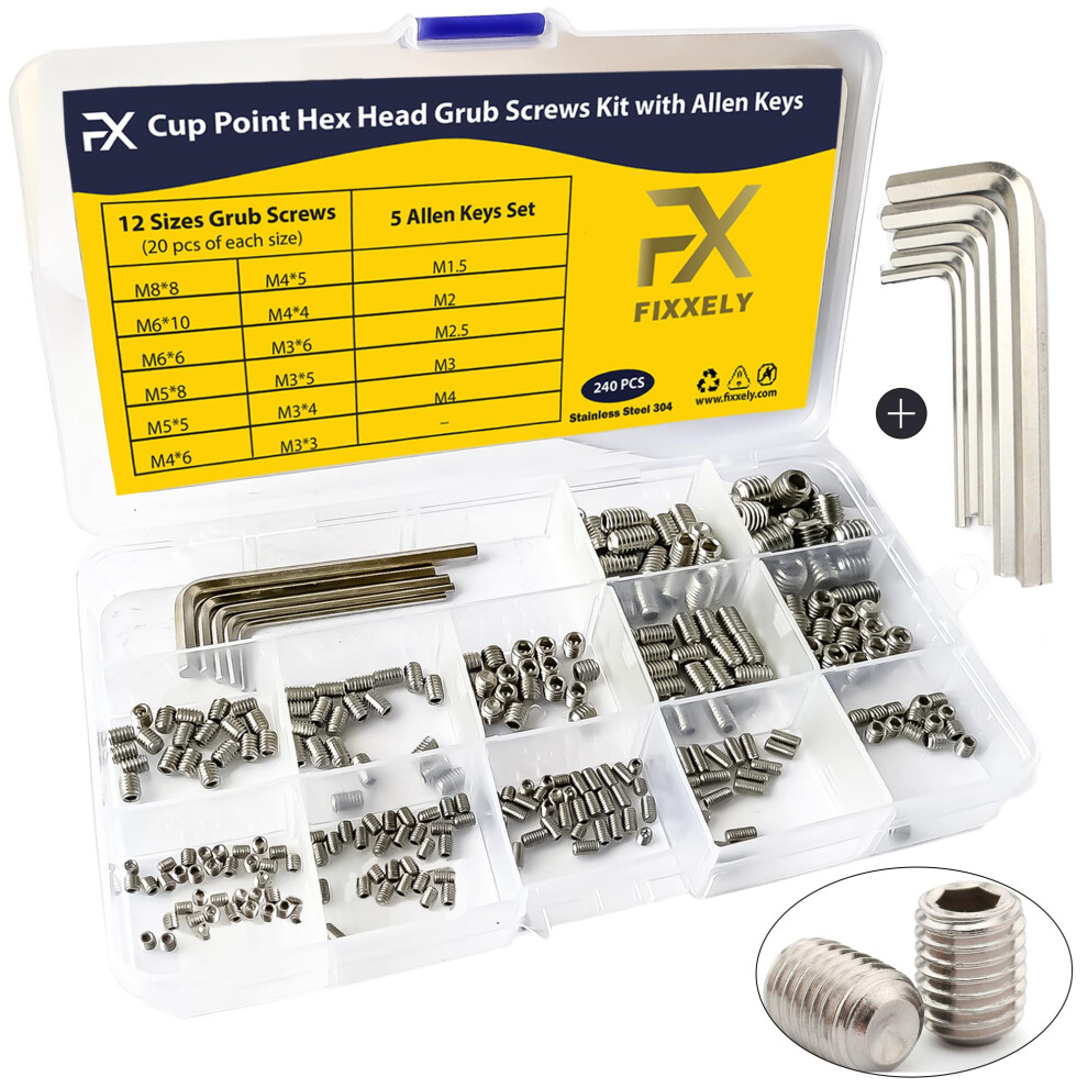 Fixxely Grub Screws Assorted Set Of 240 (M3,M4,M5,M6,M8) Cup Point & Hex Head With 5 Allen Key (M1.5,M2,M2.5,M3,M4) 5051226948855