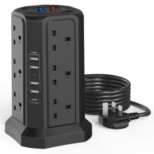 Tower Extension Lead with USB Slots 1.8M and 18W USB C Fast Charger, (13A 3250W) 5 USB Ports and 12 Way Extension Tower, Surge Protection Extension L