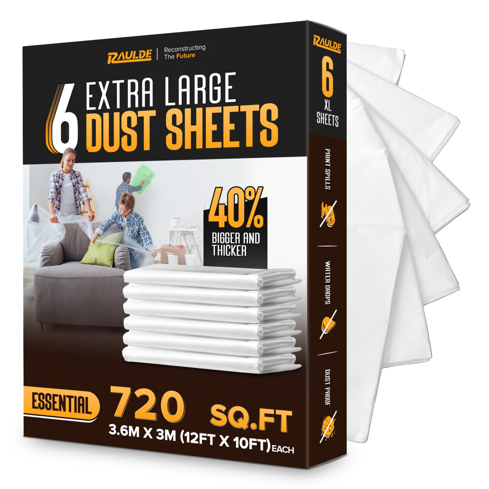Raulde 12X10ft 6 Pack Extra Large Plastic Dust Sheets For Decorating - 3.6M X 3M - Plastic Dust Sheets For Painting - Clear Plastic Sheet For Furniture & Fl
