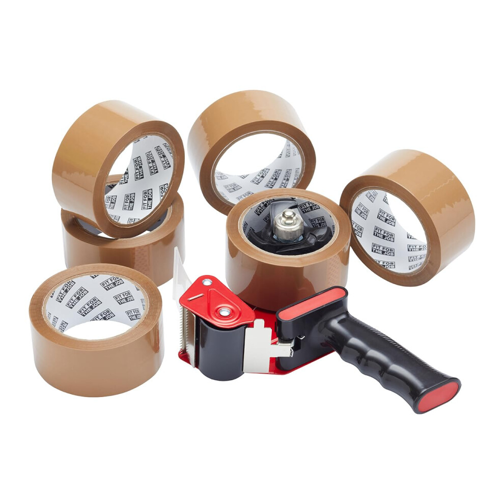 Fit For The Job Brown Parcel Tape Gun And Dispenser - Heavy Duty Packing Tape Dispenser For Efficient Sealing And Packing Needs - 6 Rolls 5051226616136