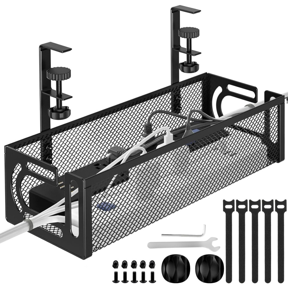 Under Desk Cable Management Tray No Drill, Metal Mesh Cable Management Under Desk With Clamp Mount, Wire Management Tray 5051226630750