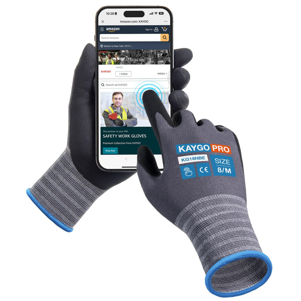 Kaygo Men's 3 Pairs Safety Work Gloves Microfoam Nitrile Coated Touchscreen, Kg18nbe, Working Gloves With Oil Resistant Grip On Palm, For Wo, Ideal