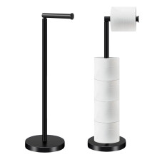 HOMEZI Black Toilet Roll Holder Free Standing with HEAVY BASE Premium Toilet Roll Stand Stainless Steel loo roll holder for Bathroom 2 in 1 Holder an