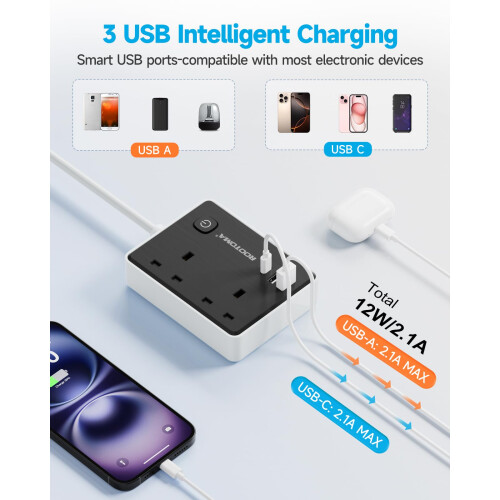 Extension Lead with 3 USB Slots 1 USB C Surge Protected 2 Plug Extensi 1