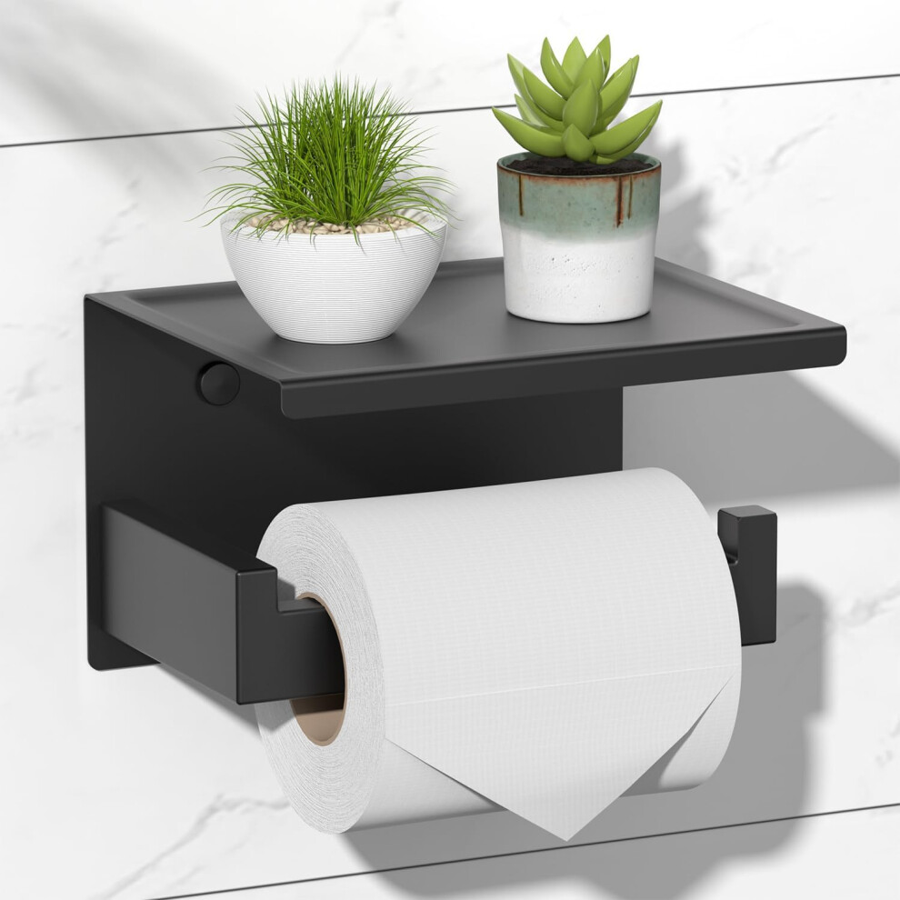Hitslam Matte Black Toilet Roll Holder With Phone Shelf, Stick On Toilet Paper Holder For Bathroom, Sus 304 Stainless Steel 5051226649608