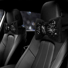 2PCS Rhinestone Car Neck Pillow with Bling Crystal Bow, Ergonomic Support for Women, Black