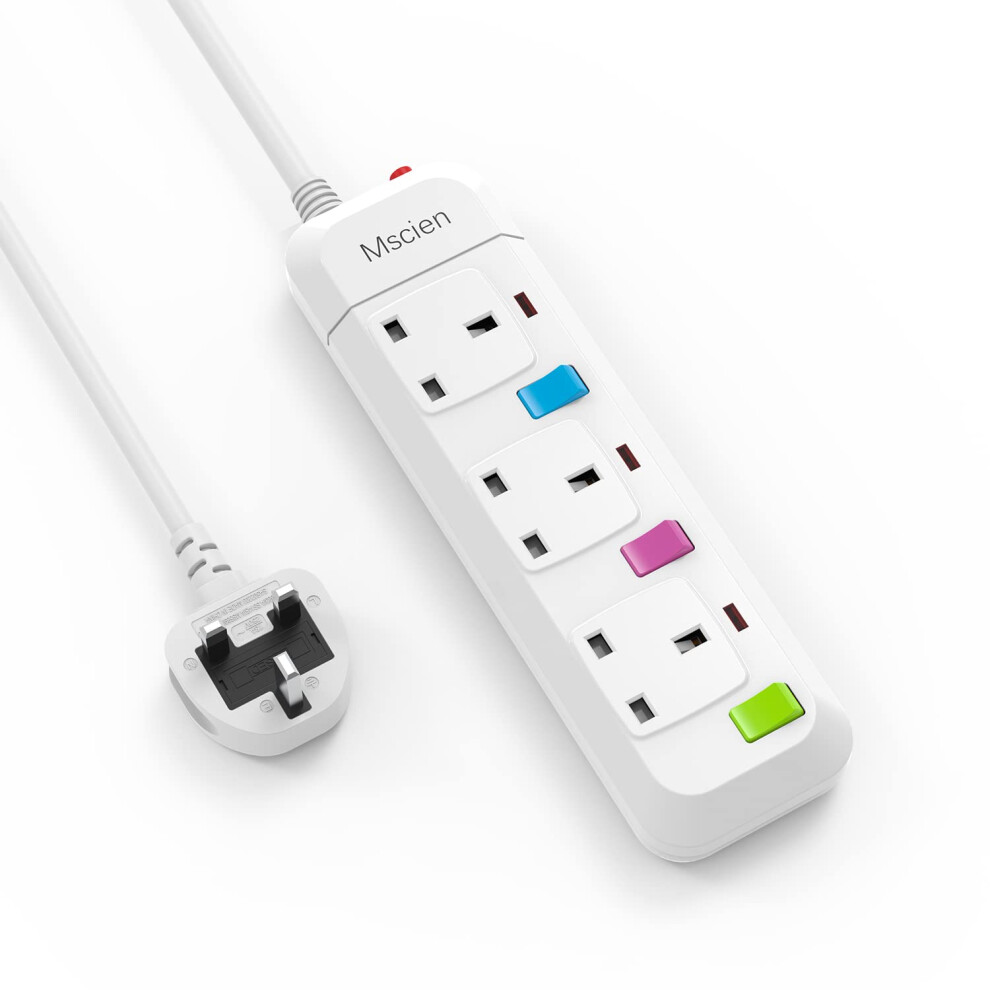 Mscien Extension Lead With Switches, 3 Way Plug Sockets With Overload Protection Surge Protection 1.8M Extension Cable Wall Mountable Power Strip 59426813