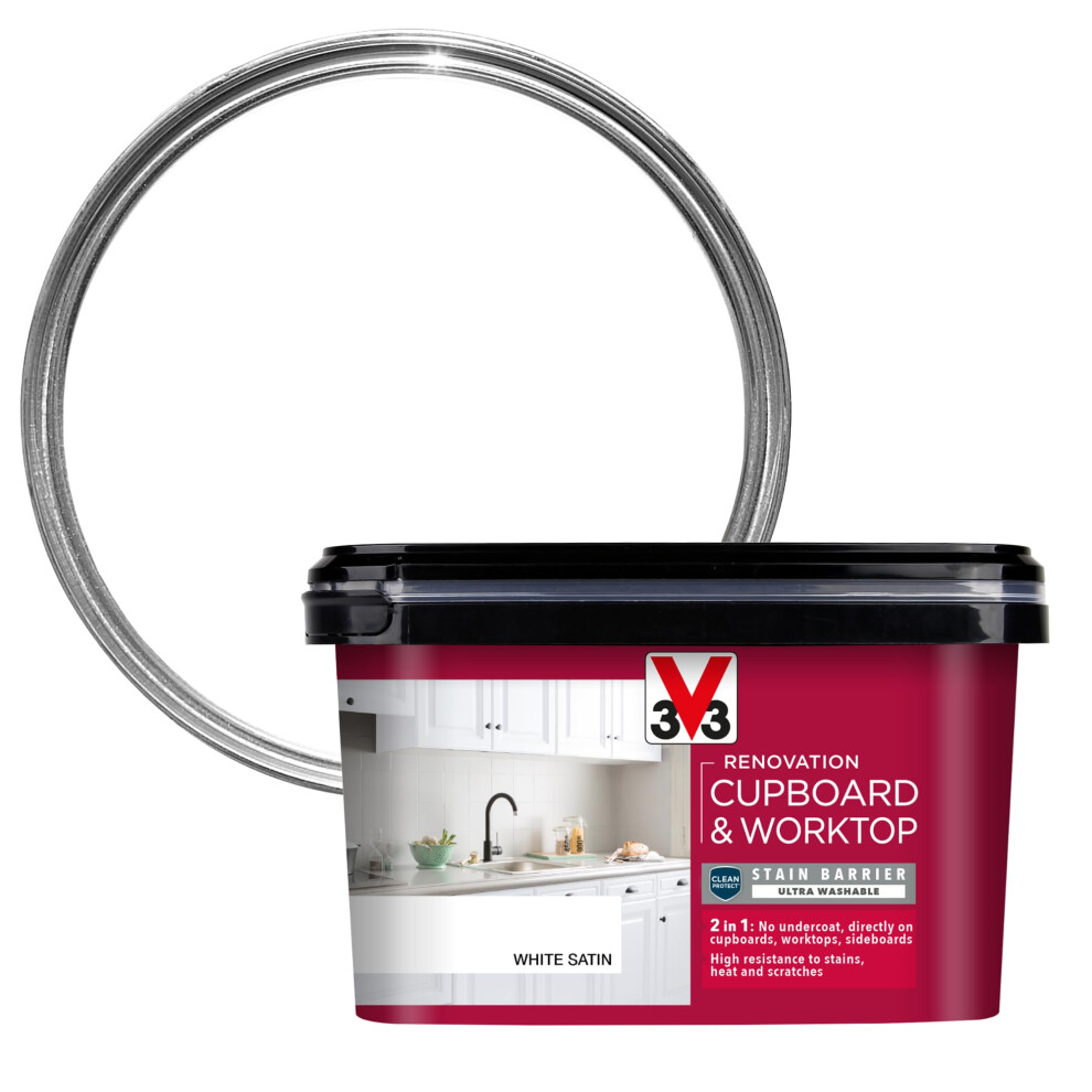 V33 Renovation Cupboard & Worktop Paint - No Undercoat Needed - High Resistance To Water Stains & Scratches - Ultra Washable - White Satin 2L 3153895181051