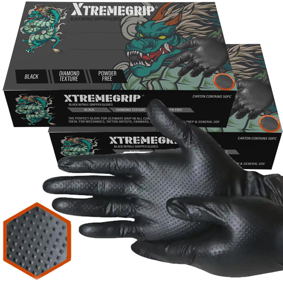 Xtremeauto Black Nitrile Gloves - Diamond Grip, Extra Thick & Strong For Mechanics - Disposable, Powder-Free & Latex Free (2 Boxes, Large) 5051226654930