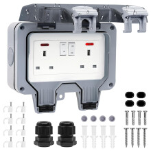 Double Outdoor Socket Waterproof Outside Plug Socket Weatherproof IP66 Wall Electrical Outlet 13Amp 2Gang Storm Switched Power Socket