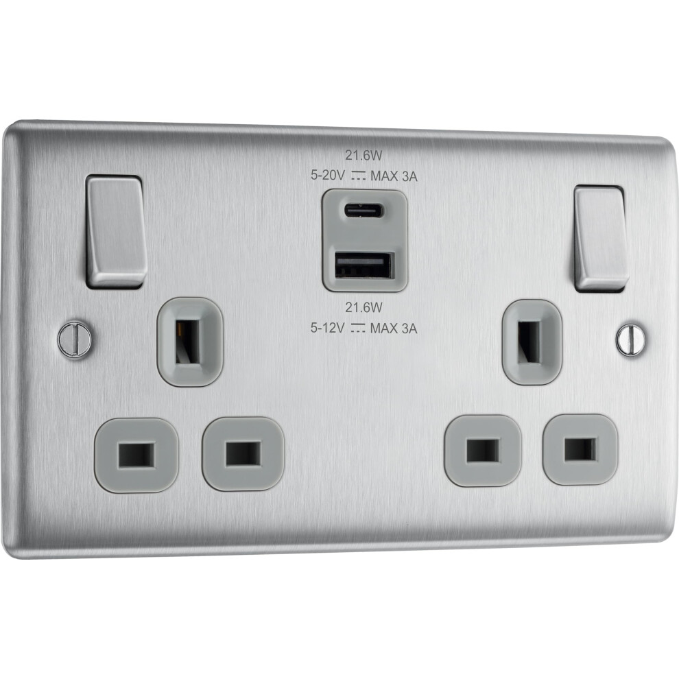 Bg Electrical 22W Double Switched Wall Plug Socket With Fast Charge Type A & C Usb Charging Ports, Nexus Metal, Brushed Steel, Grey Inserts, 13A 5051226952456