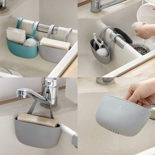 Sink Sponge Holder Hanging Caddy Compact Design Plastic 18cm Silver