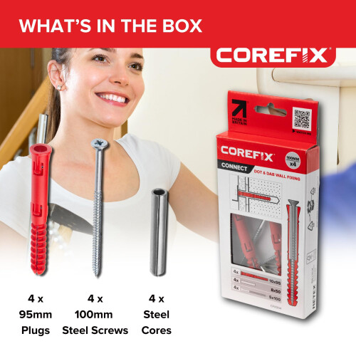 Corefix Connect 100mm Screw Heavy Duty Dot & Dab Wall Fixings - 4 Pack 2