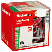 Fischer DuoPower 6 x 50, Powerful Universal Plug with Intelligent 2-Component Technology for fastenings in Concrete, Bricks, Gypsum plasterboard, chi