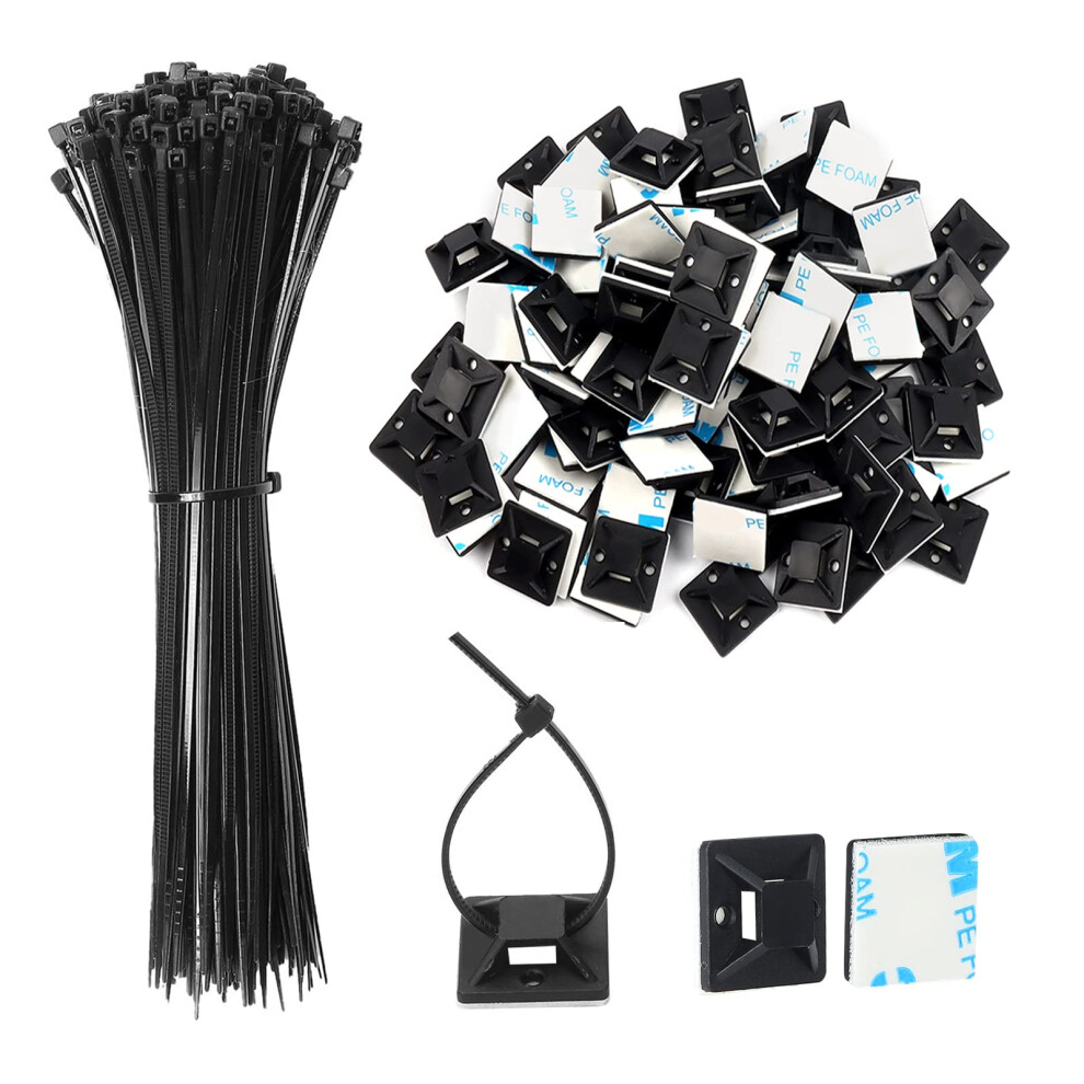 Jatiler 200 Pcs Cable Tie Base Self Adhesive Cable Tie Mounts With Multi-Purpose Zip Tie, Cable Holder Clips Sticky Cable Tie Pads-Black 5051226943331