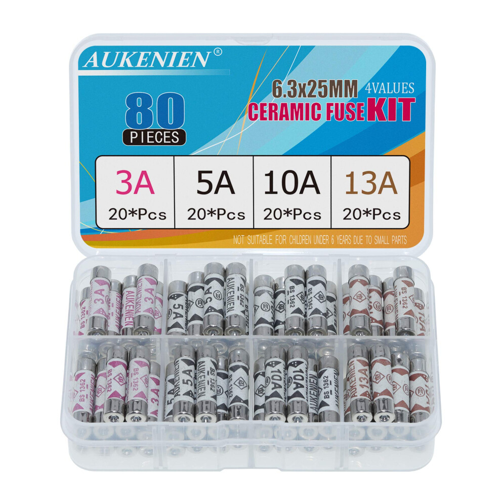 Aukenien 4 Values 80Pcs Bs1362 Fuse 3A 5A 10A 13A 240V 3 5 10 13 Amp 240 Volt Fuses Assorted Household Uk 6.3X25 Mm 0.248X0.984 Inch Ceramic Tube 5051226593529