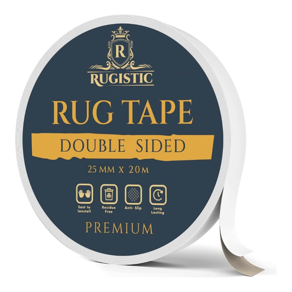 Rugistic Double Sided Carpet Tape Heavy Duty - 25Mm X 20M Extra Strong Rug Tape For Wood Floors, Laminate, Vinyl & Tile - Non Slip Rug Gripper For Ha 5009366365995