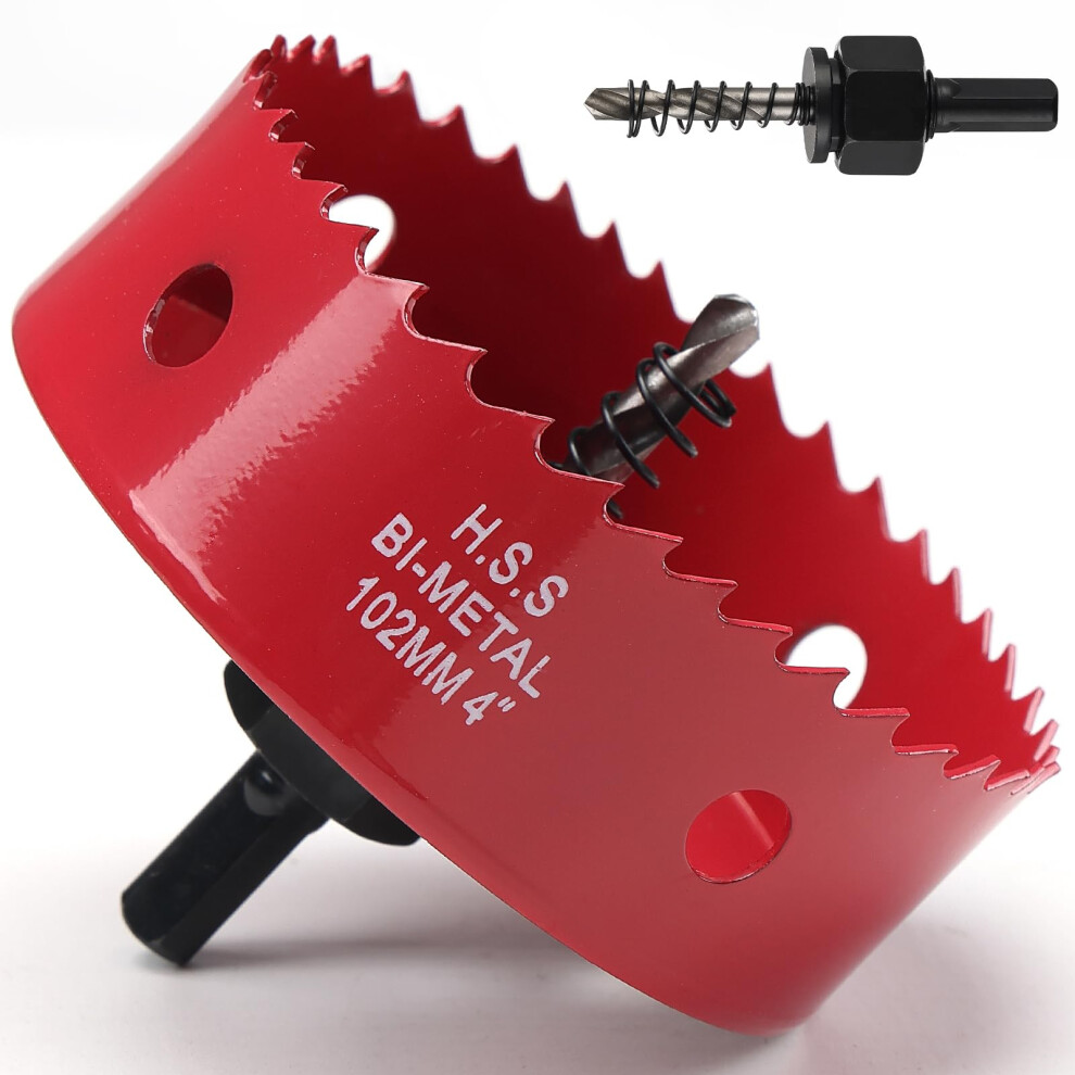 102Mm Hole Saw, Hss Bi-Metal Hole Cutter With Drill Bit, Heavy Duty Hole Saw For Wood, Plastic, Drywall, Fiberglass, Red 5051226902482