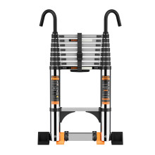 Telescopic Ladder,2.9M Stainless Steel Thickened High-Strength Loft Ladder, step ladder with Stabilizer Bar and Detachable Hooks
