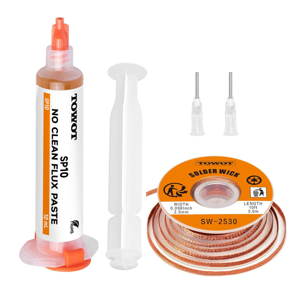 Towot 10Ft Solder Wick Braid & No-Clean Soldering Flux Paste (10Cc) - Desoldering Kit For Electronics Repair,Circuit Board Rework 5051226589065