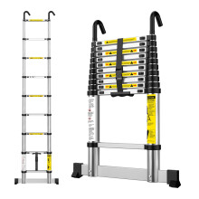 EASelect Telescopic Ladder 2.6M Aluminium Extension Loft Ladder with Stabilizer Bar, Non-Slip Feet and Detachable Hooks, EN131