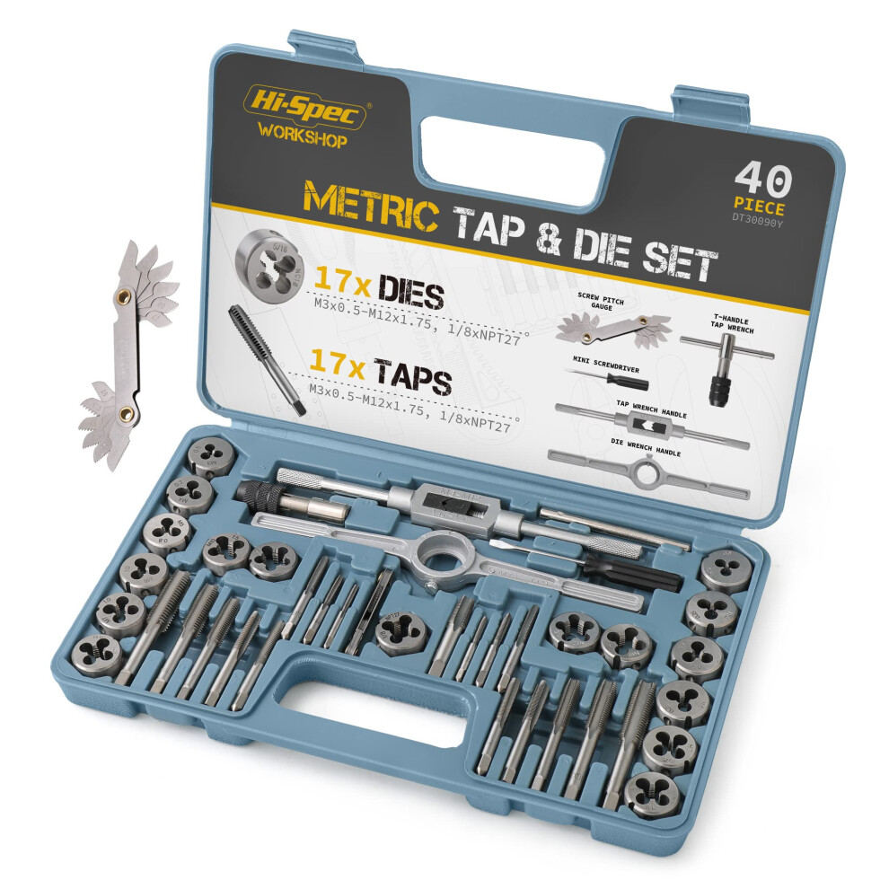 Hi-Spec 40Pc Metric Tap & Die Set. Complete M3 To M12 Tapping And Threading Tools With Tap Wrench & Screw Pitch Gauge Accessories 5051226607165