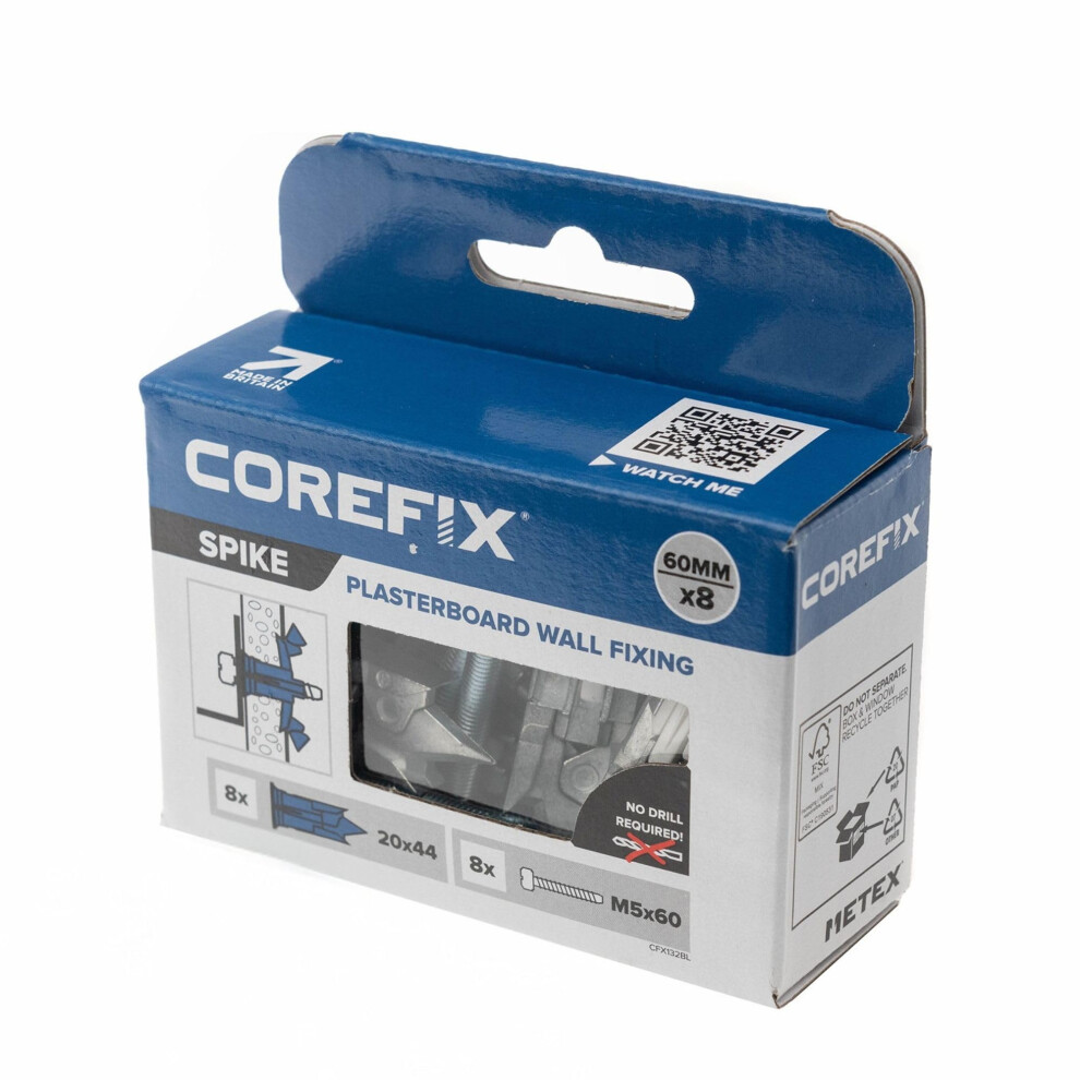 Corefix Spike Heavy Duty Plasterboard Fixings 8 Pack, Diy Kit With M5x60mm Screws. Easy To Install With No Drill Required. Drywall Anchor, Wall Plug