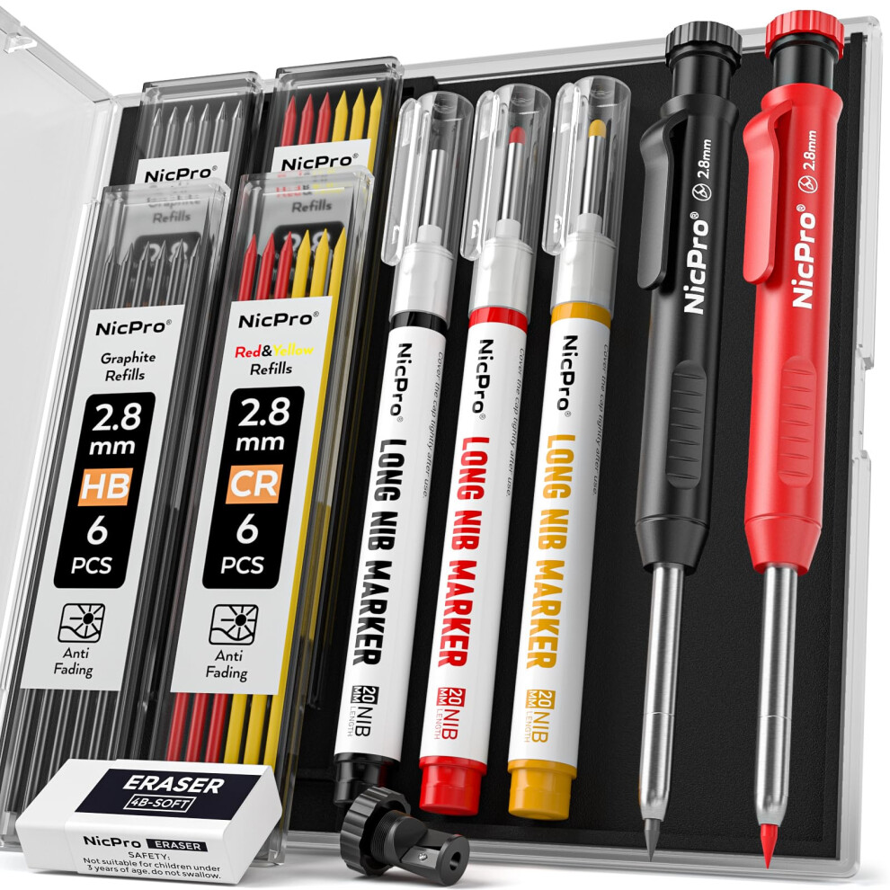 Nicpro 2 Pack Cp1000 Carpenter Pencil With Sharpener, Mechanical Carpenter Pencils With 26 Refills, Deep Hole Long Nib Marker Pens For Construction 5051226958342