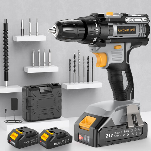 LEEIKOO Cordless Drill, Power Drill 21V, Combi Drill Set 42N.m with 2