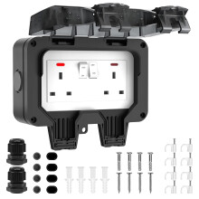 Outdoor Socket Waterproof IP66 Outside Double Plug Socket Weatherproof Wall Electrical Outlet 13Amp 2 Gang Storm Switched Power Box External Plug